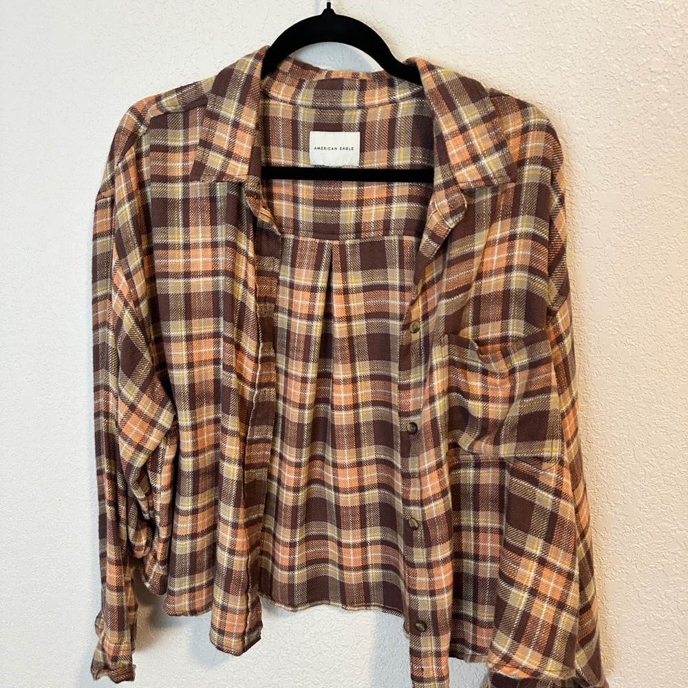 American Eagle Oversized Cropped Brown and Orange Flannel